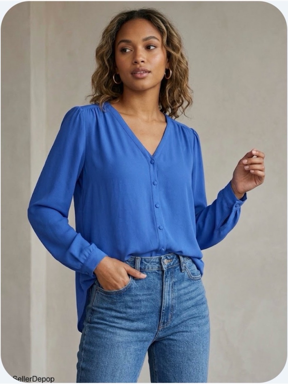 Philosophy V-Neck Button Front Blouse in Royal Blue